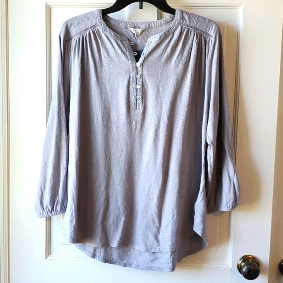 NWT LUCKY BRAND GRAY COTTON EMBROIDERED PEASANT SHIRT LARGE - Picture 1 of 12